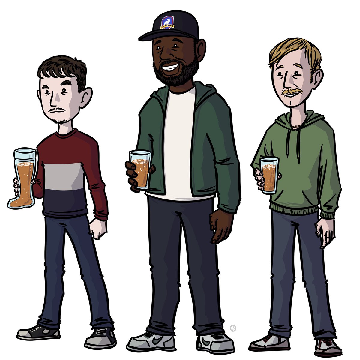 Ok <a href="/TedLasso/">Ted Lasso</a> fam, finally got this done! Here's <a href="/adamcolborne1/">Adam Colborne</a> as Baz, <a href="/KGthaComedian/">Tier 5 KG</a> as Paul, &amp; <a href="/bronson_webb/">Bronson Webb</a> as Jeremy! Our fav AFC Richmond fans from the pub! #TedLasso #AFCRichmond #Believe