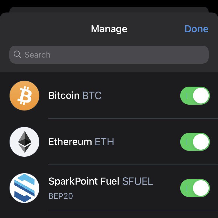 Here’s a quick how-to on checking your wallet’s  $SFUEL balance. For Trust Wallet, you can easily see SparkPoint Fuel or  $SFUEL on Trust Wallet’s list of supported tokens by searching and enabling it.