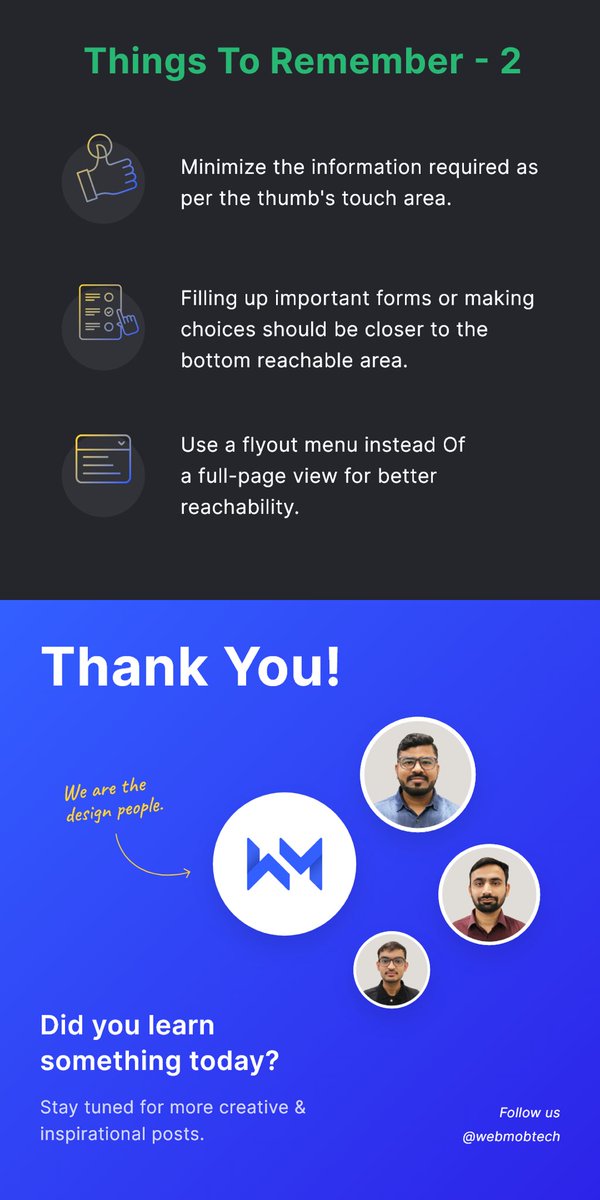 webmobtech's tweet image. Today, our designers decided to make the connected community aware for UI/UX Design for One-handed Usage.
Flick through the post.Follow us on our professional platform: linkedin.com/company/webmob… 
#mobileappdevelopment #webappdevelopment  #webmobtechians #webmobtech