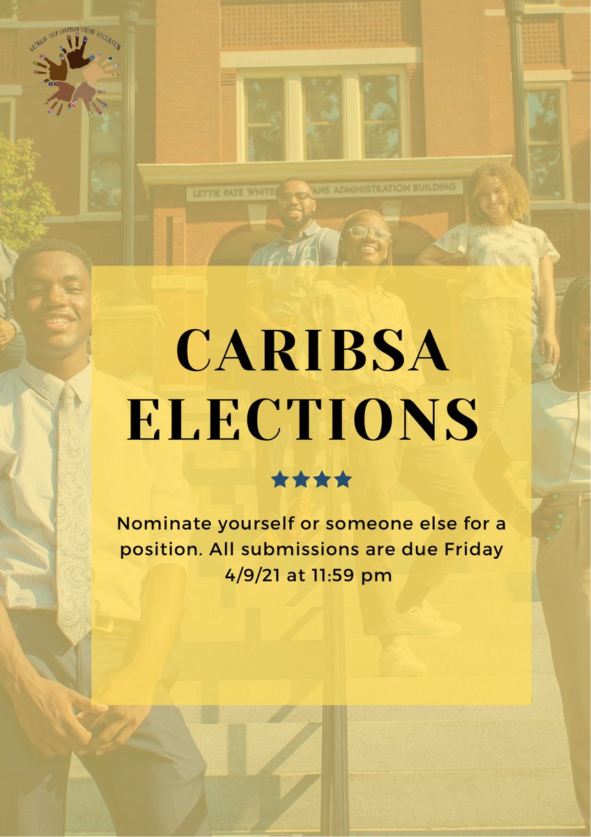GTCaribSA's tweet photo. CaribSA E-board Elections are here!!! Nominate somebody or yourself for an e-board position using the link in our bio. Nominees can be ANYONE! Member or non-member, Caribbean or not Caribbean.
Submission due by Friday, 4/9/21 @ 11:59 pm. https://t.co/ee9Fy6Kd9d