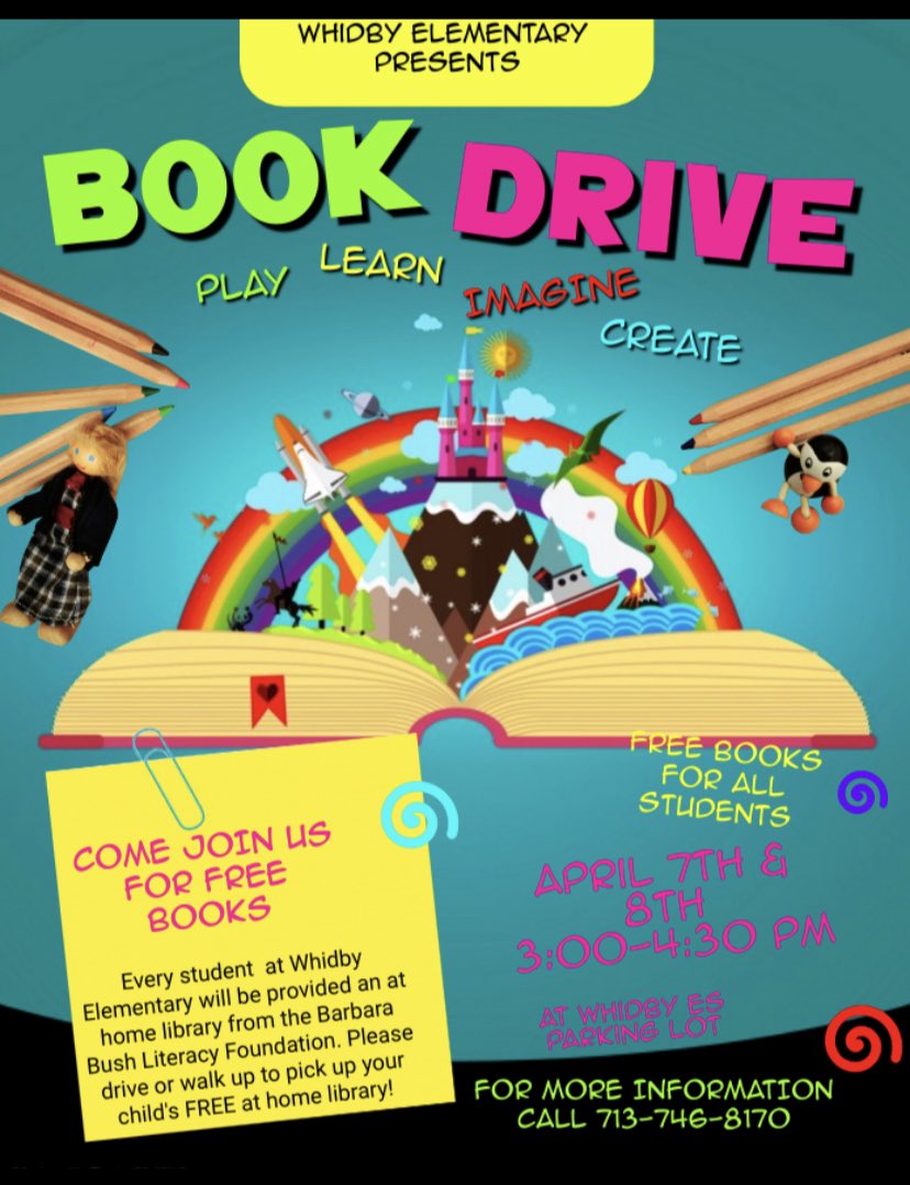 Lit_teach08's tweet photo. SAVE THE DATE: Students will receive 6 FREE books on April  7th and April 8th through our partnership with @bushhoustonlit! Books for virtual students will be distributed through a contactless drive-thru, on April 7th and 8th  from 3:00-4:30 pm so make plans to stop by #HTXReads https://t.co/L4qgxFUunI