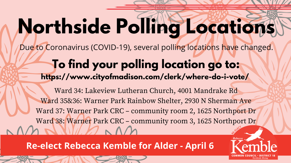 rebeccakemble's tweet photo. Many of Madison's polling locations have changed due the coronavirus pandemic 

GO to the City of Madison website page WHERE DO I VOTE to find your polling location: https://t.co/B7Ls3vkYFC

#Kemble4alder #Madisonvotes2021 #VoteApril6 https://t.co/6IMsUwQIMM
