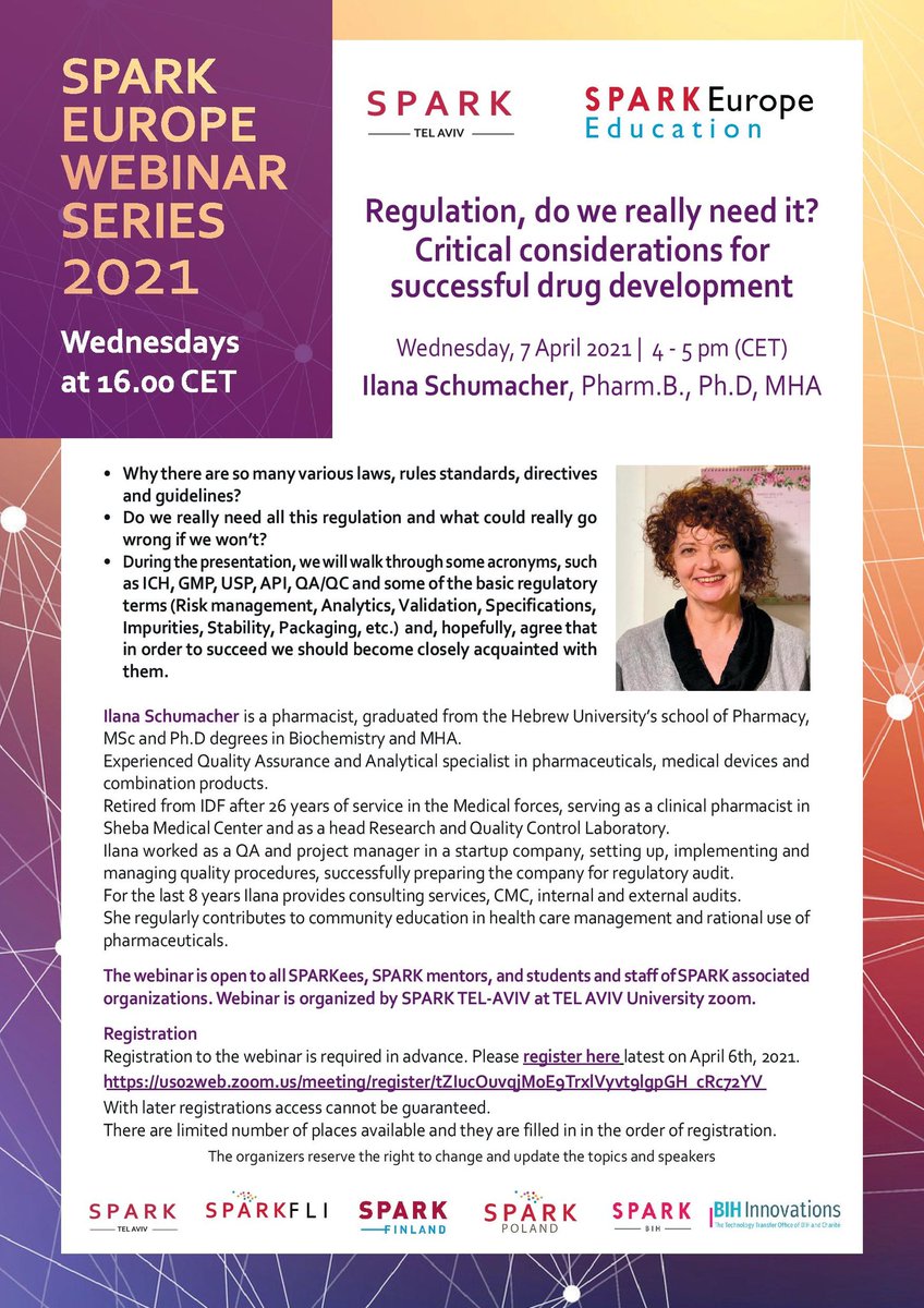 Don't miss our next webinar "Regulation, do we need it? critical considerations for successful drug development".

with Dr Ilana Schumacher 

Registration link: 

us02web.zoom.us/meeting/regist…