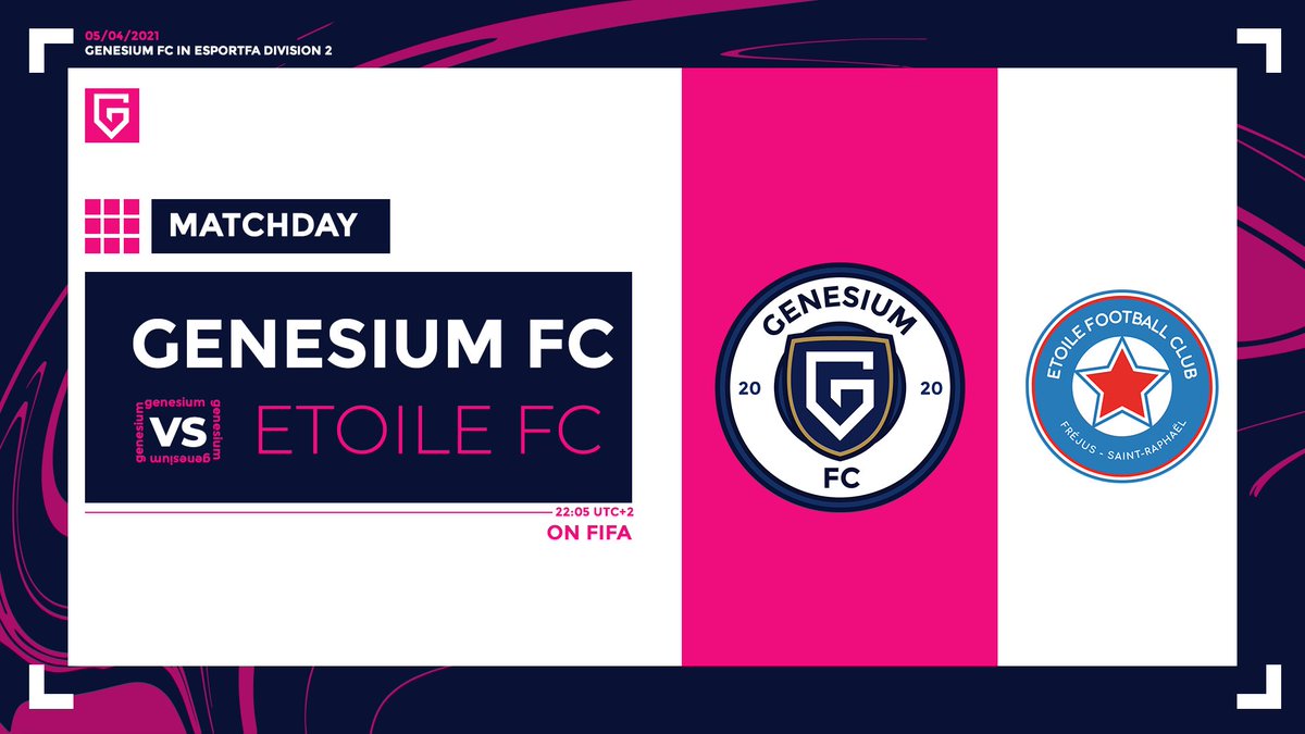 17 ème Journée - Division 2 organisée par <a href="/eSportFA_FR/">ESPORT FOR ASSOCIATIONS</a> 

Gagner impérativement pour prendre les devants !💪

🗓️ Ce soir nous affrontons à 22H05 l'équipe @EtoileFC_FSR 

Bon match à vous🤝

🎙 Nous serons en live : urlz.fr/eSWg

<a href="/TeamGenesium/">Genesium 🌴</a> #WhereItBegins 👾