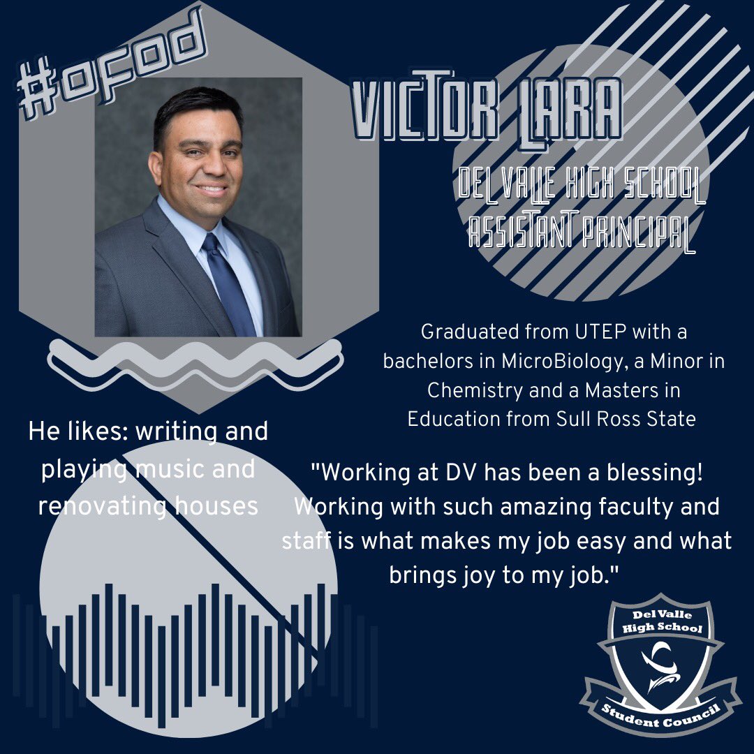 DVHSYISD's tweet photo. On this first day of National Assistant Principals (AP) Week we highlight Del Valleโs own, Mr. Lara. Thank you for everything you do for our community! #APWeek21 #OFOD #ItsWhatWeDo #WeAreOne #THEDISTRICTofChampions #WeDeliverExcellence #ResetReimagineRespond #MaskUpDV @ysletaisd https://t.co/nzYGbN9ekv