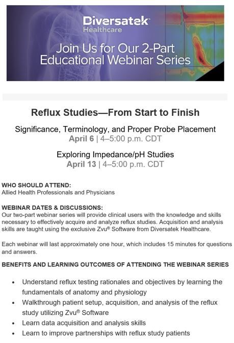 Starts tomorrow!  Two-part webinar series providing clinical users with the knowledge and skills necessary to effectively acquire and analyze reflux studies. 
April 6 | 4–5:00 p.m. CDT
Register for these educational events here: bit.ly/3rTKl6l
.
.
#Endoscopy #Canada