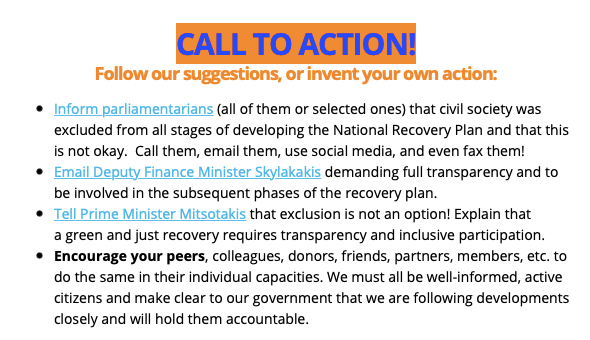 commongroundgr's tweet photo. NATIONAL RECOVERY PLAN #CALLTOACTION! Make sure Greece spends the 32 bn in EU COVID-19 #RecoveryFunds on #greenandjust measures! Time is running out, but there is still time to act. Join us! https://t.co/0c9OWLxA7l…/ https://t.co/cN1Ew18LOL