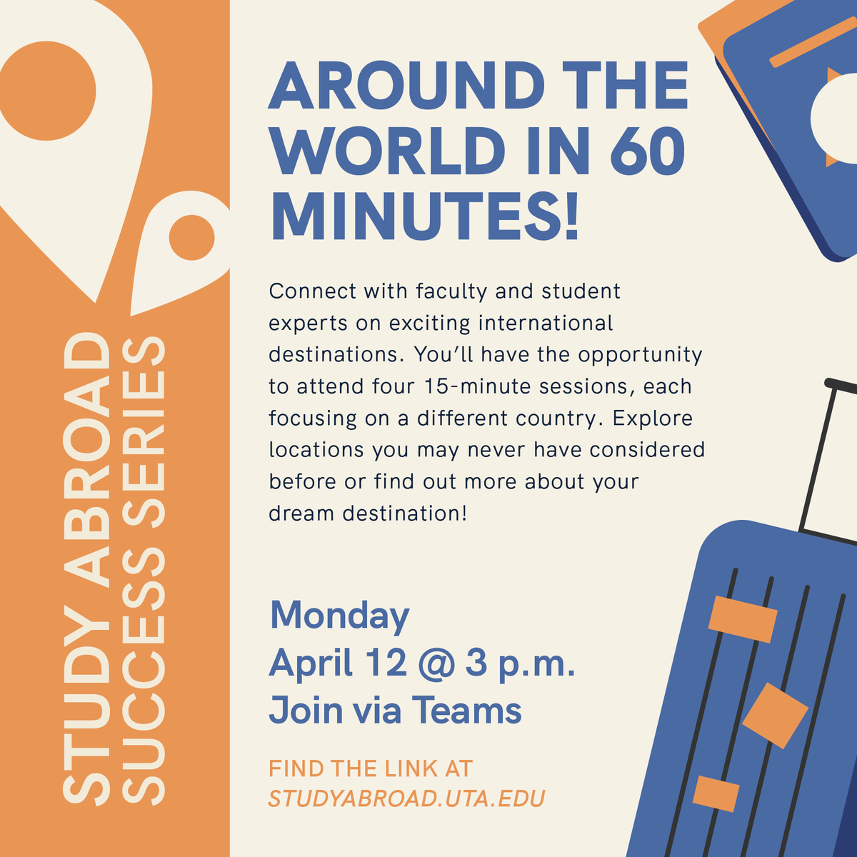 UTAstudyabroad's tweet photo. ✨🌎 Figure out your dream #StudyAbroad destination with us on Monday, April 12th! 

Find the Teams link here: https://t.co/fCDRe8ibk0 https://t.co/b0UTZYjUEP