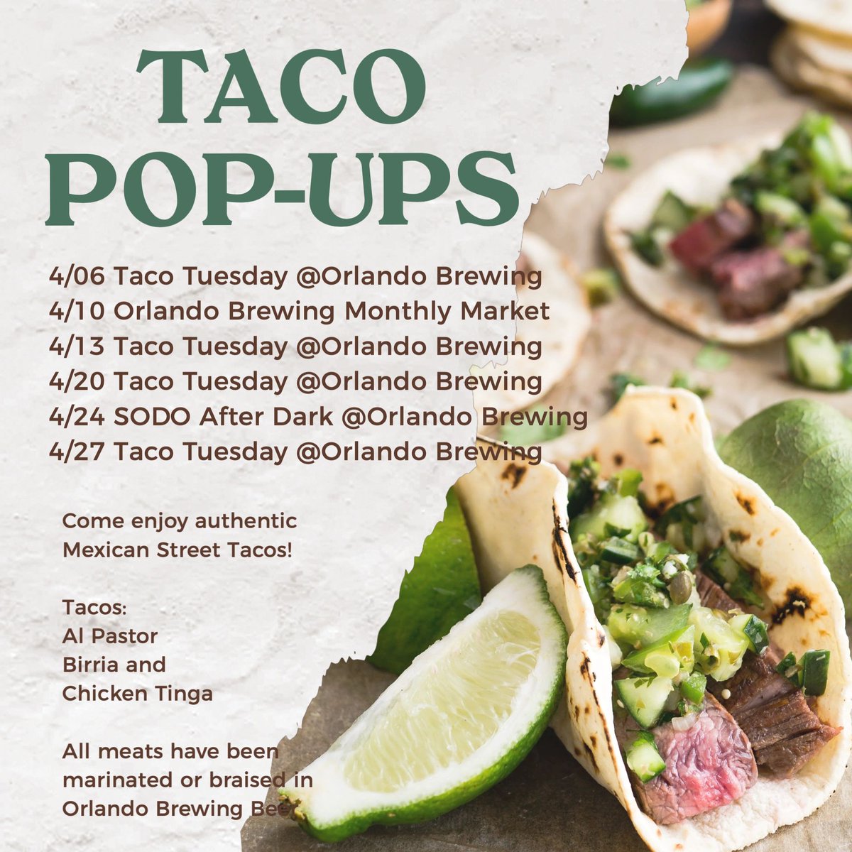ColomCatering's tweet photo. Here it is! Our taco pop-ups for the week.

#tacotuesday #tacosarelife #organicbreweries #supportlocal #Orlandochefs #orlandobreweries https://t.co/NEJnrloTHZ
