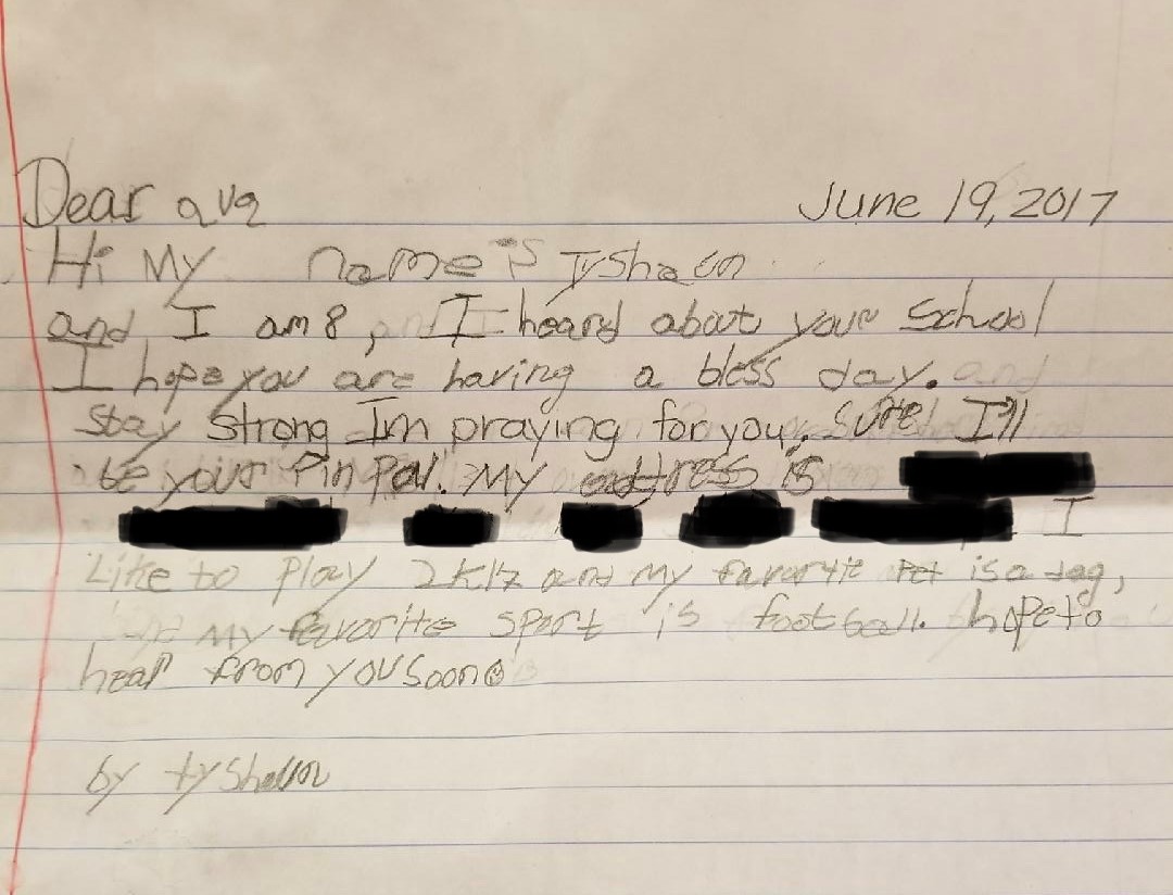 “Hi my name is Tyshaun and I am 8,” he wrote back. “I heard about your school. I hope you are having a bless day. Stay strong I’m praying for you. Sure I’ll be your pin pal.” (11/)