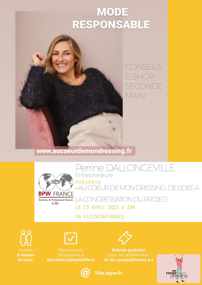 [RDV] <a href="/BpwLille/">BPW Lille</a> est heureux d’accueillir Perrine Dallongeville, entrepreneure et créatrice d Au cœur de mon dressing. 
Elle ns présentera son entreprise de #moderesponsable,son parcours, les obstacles rencontrés dans cette création d’entreprise et les succès déjà rencontrés ! 1/2