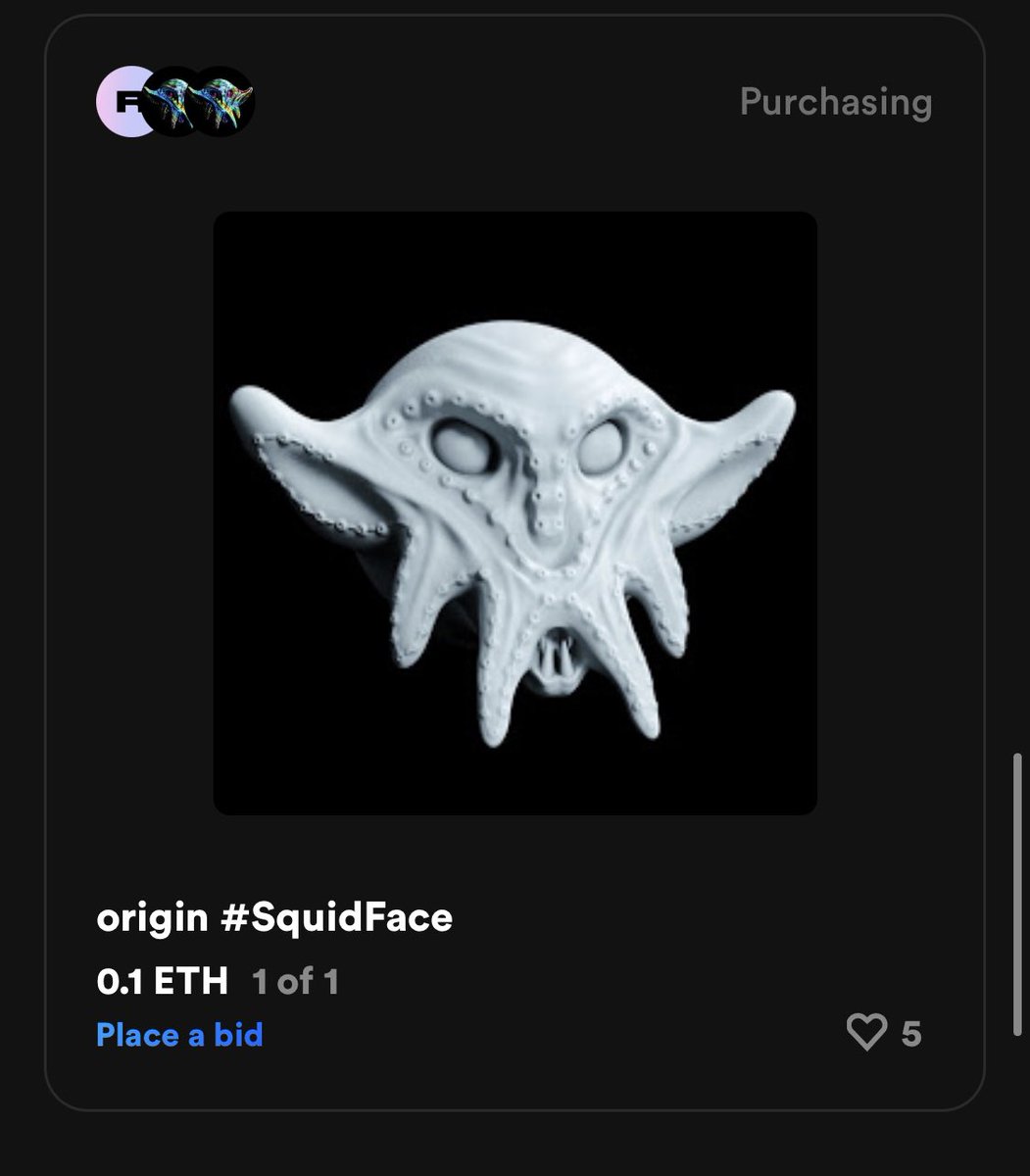 SquidFace_nft's tweet photo. I got really excited when it looked like someone was purchasing one of the squid faces. My first sale potentially!!! But it’s been stuck on purchasing for 2 days :/ https://t.co/o8qxuNHxhT