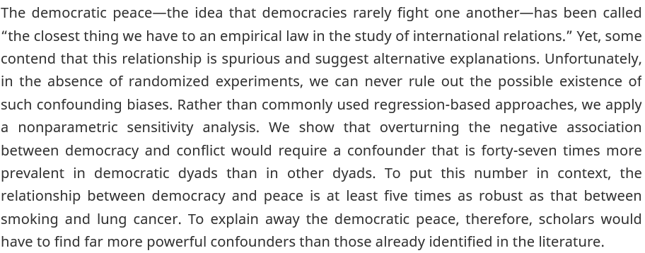 IntOrgJournal's tweet photo. #FirstView Kosuke Imai (@IQSS) and James Lo (@uscpoir) show that, despite the controversy, the empirical evidence for democratic peace is robust, much stronger than the evidence linking smoking and lung cancer.
https://t.co/v86HtAu3ev https://t.co/e5yKaYcMaV