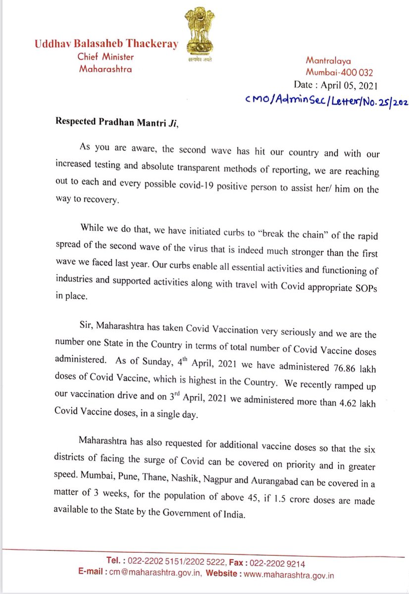 Cmo Maharashtra Cm Uddhav Balasaheb Thackeray Has Written To The Hon Ble Prime Minister Shri Narendramodi To Further Lower The Age Group Eligible For Vaccination To 25years Old To Curb The