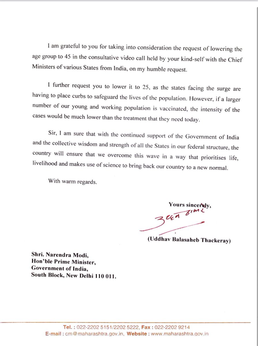 Cmo Maharashtra Cm Uddhav Balasaheb Thackeray Has Written To The Hon Ble Prime Minister Shri Narendramodi To Further Lower The Age Group Eligible For Vaccination To 25years Old To Curb The