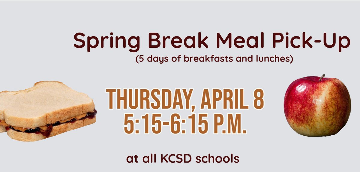 TheKCSD's tweet photo. All 17 KCSD schools will have evening meal pickup (5 days worth of breakfast and lunch) on Thursday April 8 from 5:15-6:15pm. 
@StudentnutrKCSD https://t.co/Xlf1gBlCqz