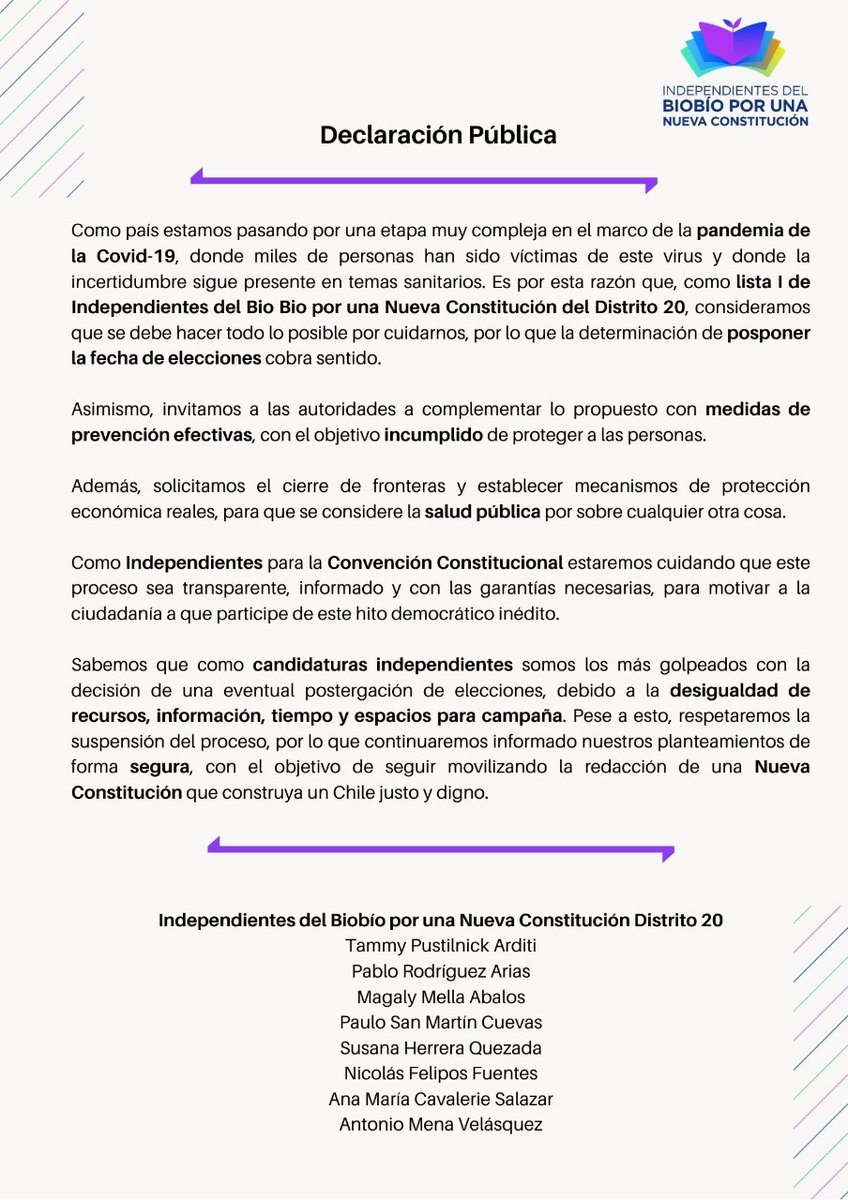 Distrito20INN's tweet photo. 📢Declaración de la Lista i Independientes del Biobío por una Nueva Constitución, sobre la eventual postergación de elecciones en el marco de la compleja expansión de la pandemia de Covid-19

#Votalistai @Indbiobio #FuturoJustoYDigno 

@NoNeutrales #ConstituyentesIndependientes https://t.co/HhgOBY9Hhc