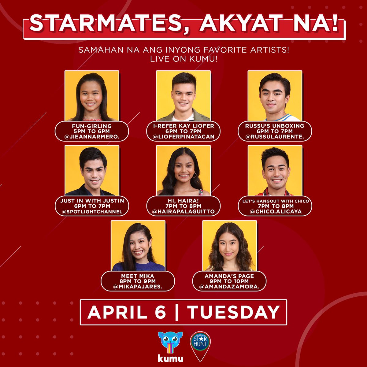 starhuntabscbn's tweet photo. Gawing thrilling ang Tuesday niyo!🎉 Catch them LIVE on KUMU tomorrow, April 6!🤩

Download the KUMU app here: https://t.co/owgEGAmhMC https://t.co/jImSj386Q3