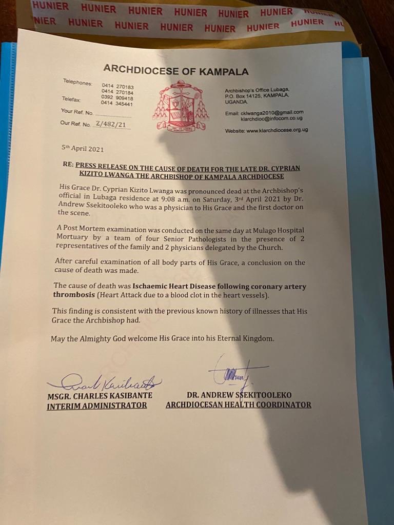 The postmortem Report of the His Grace the Archbishop CKLwanga .