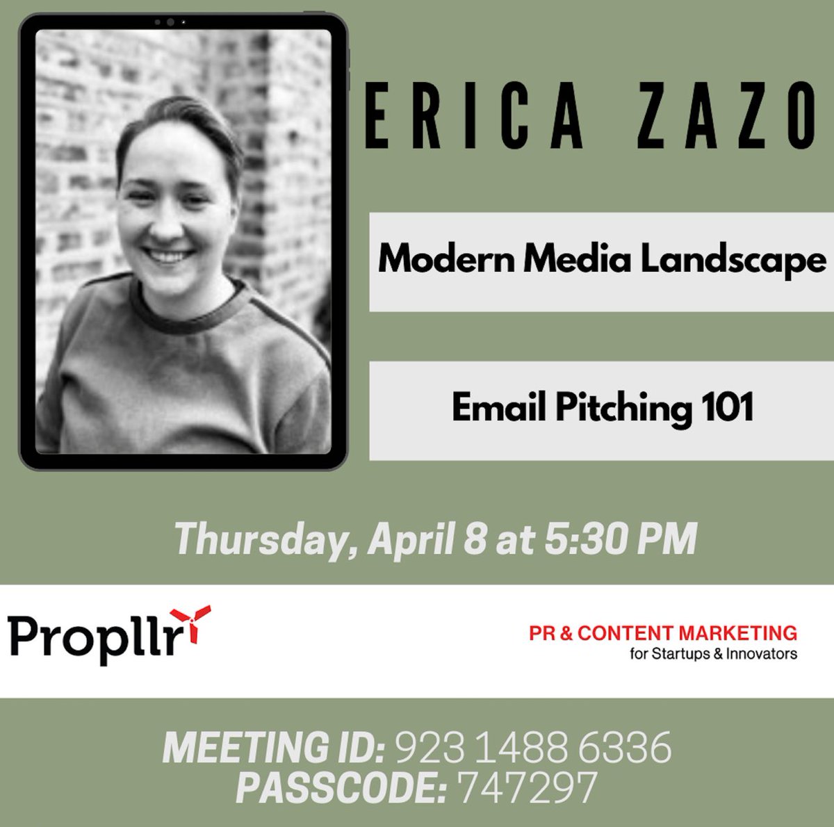 Tune in on Thursday at 5:30 to hear Erica Zazo talk about media landscape and email pitching! 

Zoom Link: msu.zoom.us/j/92314886336

Passcode: 747297