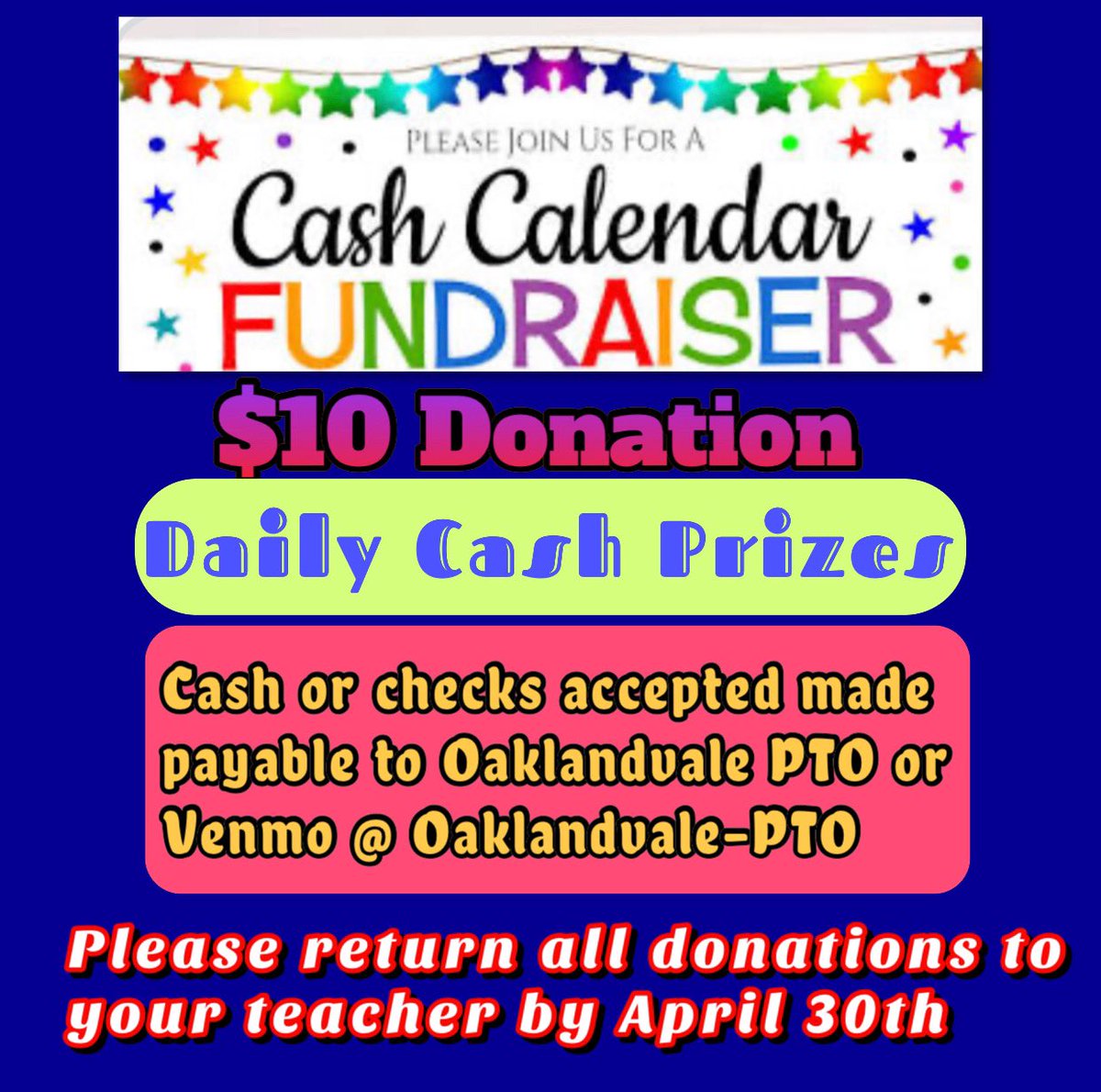 OaklandvalePTO's tweet photo. Who doesn’t love a cash calendar!  Help us welcome back the Oaklandvale kids!  All proceeds directly benefit  the Oak school in making their final year memorable!  Thank you for all your continued support! https://t.co/8ZWMykT9BT