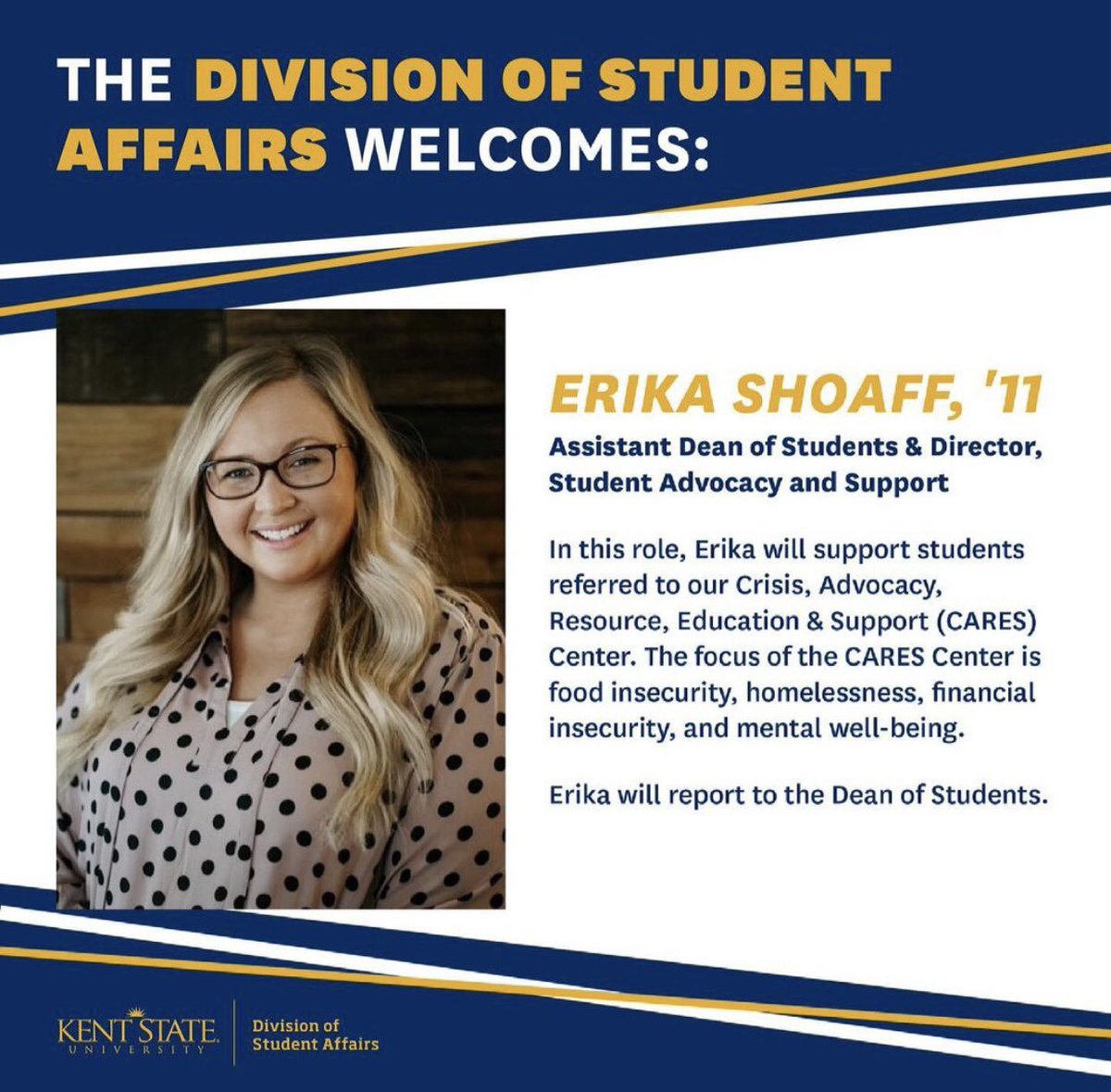 We would also like to welcome our new Assistant Dean of Students and Director of our team, Ericka Shoaff! We are excited to see what Ericka has in store for the CARES Center!