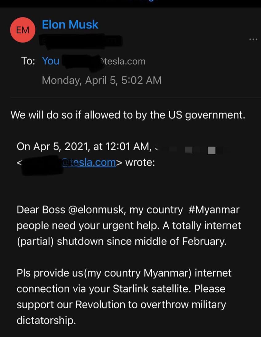Dear @POTUS & @SecBlinken, please give permission to Mr.@elonmusk to share his Starlink Satellite with the people of Myanmar. We really need internet to share proof of Junta’s Mass Atrocity Crimes & resilience of Myanmar People in fighting for democracy. #WhatsHappeningInMyanmar https://t.co/Vh5GSHpV1a