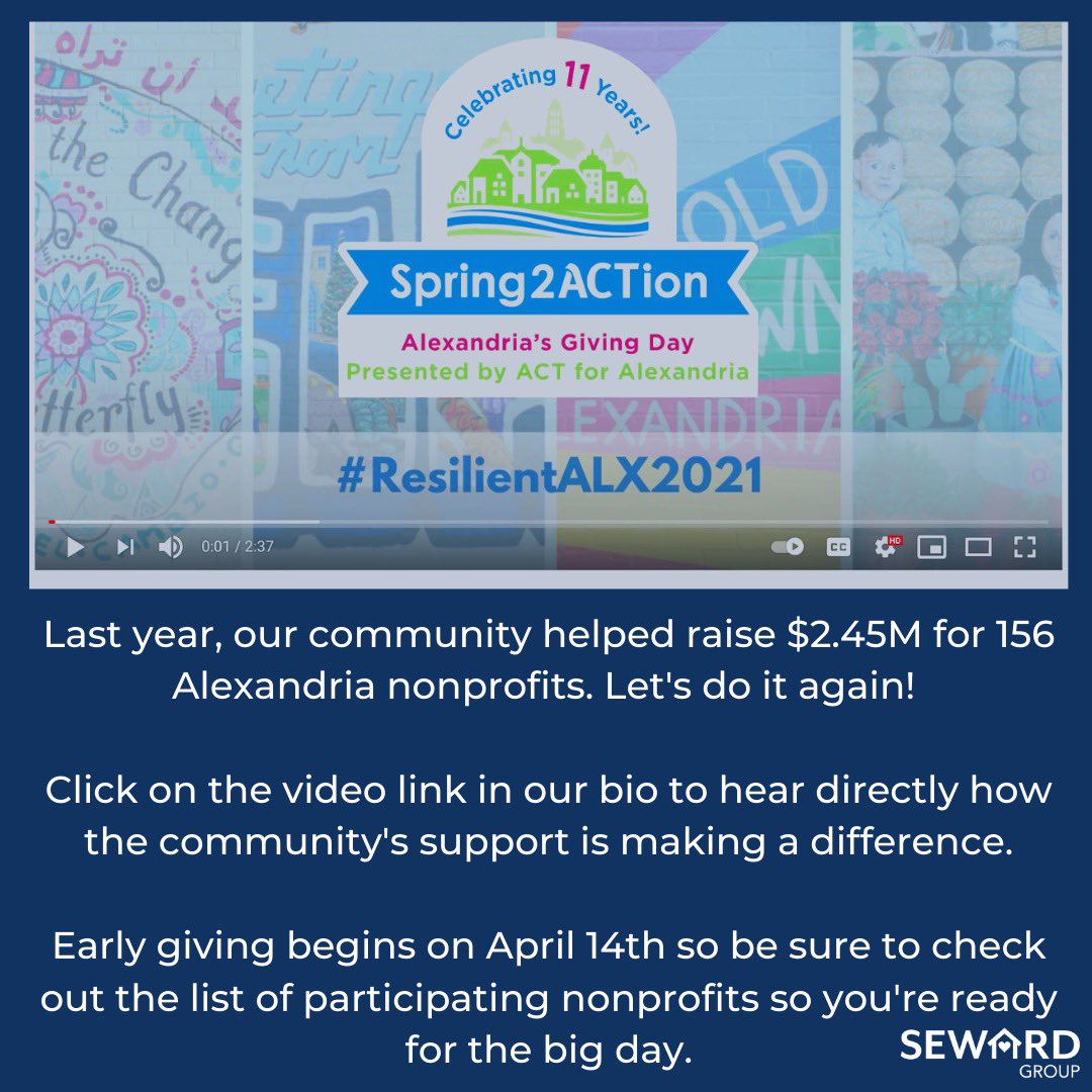 Save the Date! #Spring2ACTion & #Alexandria’s Day of Giving is April 28th w/ early giving starting on April 14th. We are honored to be an Early Bird Power Hour sponsor this year and encourage you to explore the inspiring non-profits on the @actforalexandria’s website and donate!