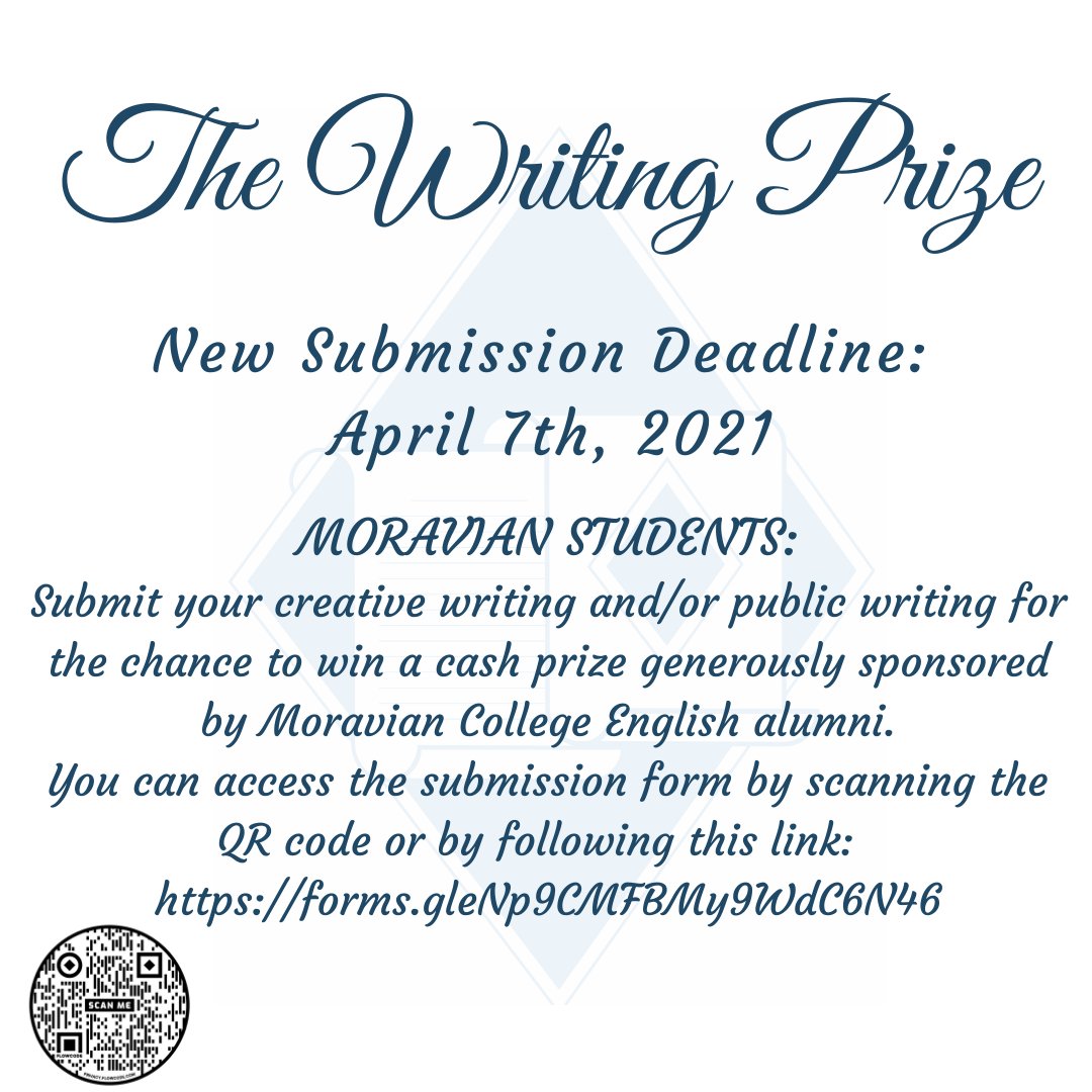 moravianwriters's tweet photo. Don't forget to submit to the Writing Prize by April 7th! We're looking for creative writing and public writing. First place prizes of $250! https://t.co/Ik5jQIOtN1
