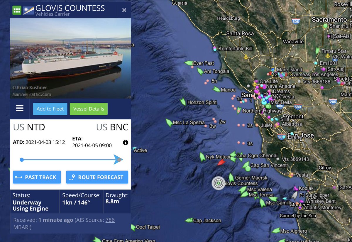  #GlovisCountess will be the first ship from SFO, is already heading to Benicia and is expected at Pier 80 on Apr 7.#1 ship in Q2(#1 from SFO) $TSLA  #Tesla  #Model3  #TeslaCarriers http://bit.ly/TeslaCarriers 
