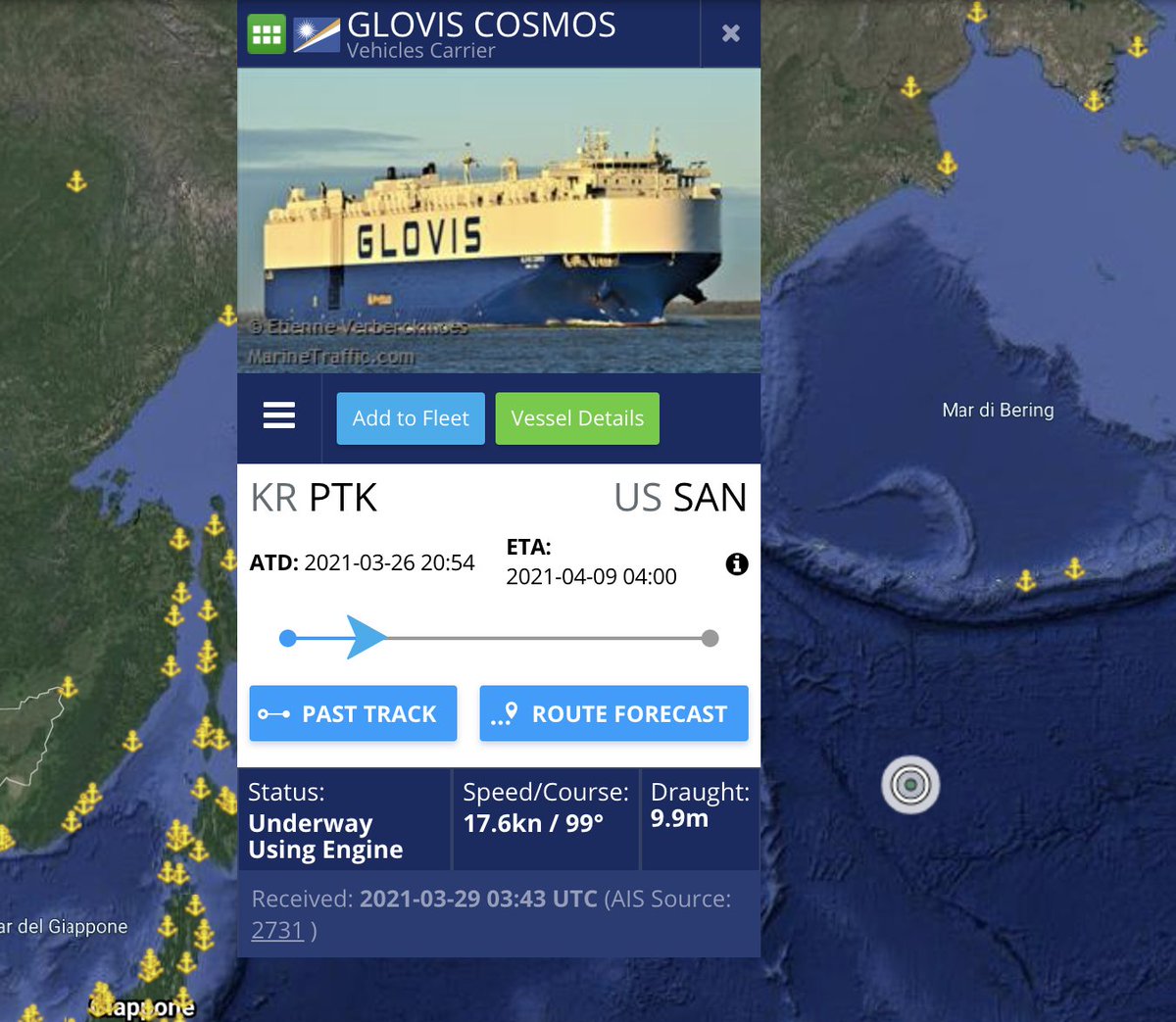  #GlovisCosmos is arriving as well from KR, will be at San Diego on Apr 9 and is expected at Pier 80 on Apr 12.#3 ship in Q2(#3 from SFO) $TSLA  #Tesla  #Model3  #TeslaCarriers http://bit.ly/TeslaCarriers 