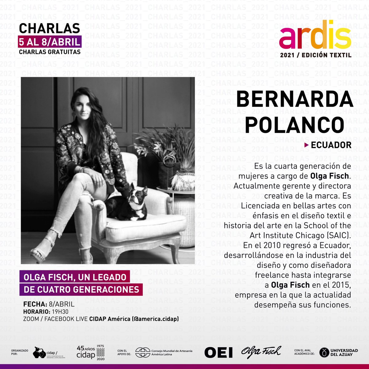 Bernarda es licenciada en bellas artes, gerente, directora y cuarta generación de mujeres a cargo de <a href="/olgafisch/">Olga Fisch 🇪🇨</a> 🇪🇨 nos acompañará con su charla “Olga Fisch, un legado de cuatro generaciones”
📆 8/abril  ⏰ 19H30 (Hora EC)
Plataforma: Zoom (Previa Inscripción) / Facebook Live 🤩🙌