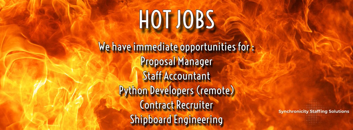 We are hiring for these great opportunities and more.  Check them all out on our Careers Page at www.synchronicitystaffing solutions.com.  #NOVAjob #clearancejobs #Developers #python #accountingjobs #proposaljobs #intelligencecareers