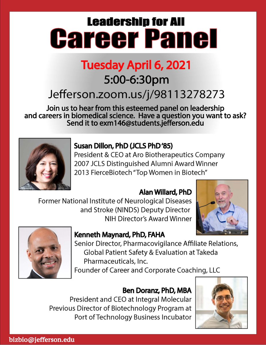 BizBio's next installment of "Leadership for All" is tomorrow, April 5th, at 5PM. All are welcome to attend, you do not want to miss this panel! Panel and Zoom information below 👇