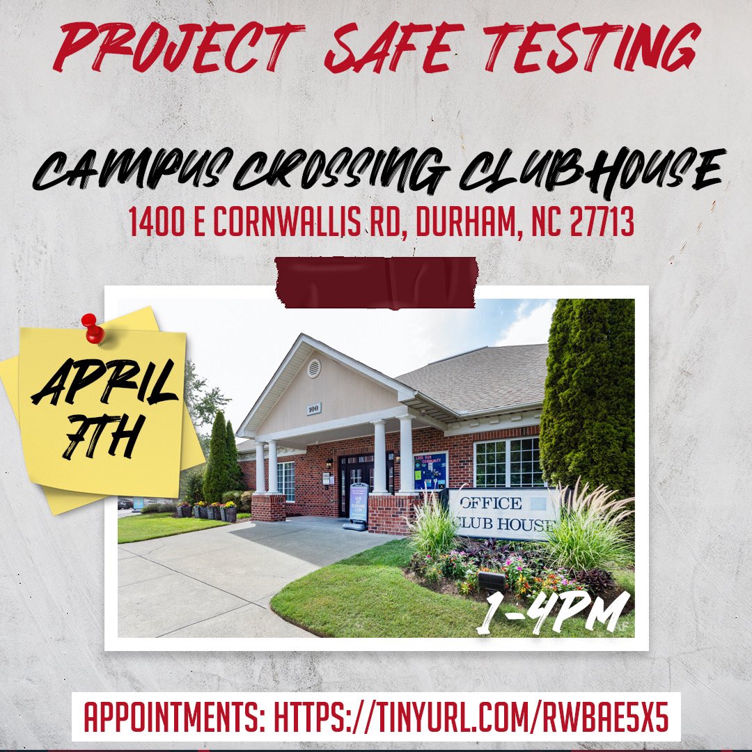 projectsafenccu's tweet photo. Project SAFE will be testing 💉 at the Campus Crossing Clubhouse

📍1400 E Cornwallis Rd., Durham, NC 27713

📌April 7th from 1-4PM

📌 Appointments: https://t.co/2Gpymhm31R

#nccu #nccu21 #nccu22 #nccu23 #nccu24 https://t.co/oibmAThOeO