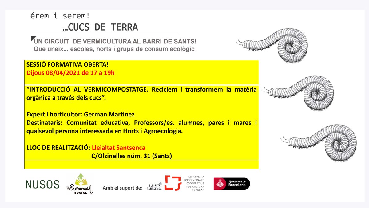 EspaiAmbiental's tweet photo. A #Sants escoles i coopes de consum #FemCompost!!
Eres i serem... cucs de Terra! ♻️🐛projecte de compostatge educatiu i comunitari q enllaça restes de les coopes de consum amb les escoles que fan vermi.
Apunteu-vos a aquest taller
Dia 8/04 a les 17h a la @Lleialtat https://t.co/FoCqh0g571