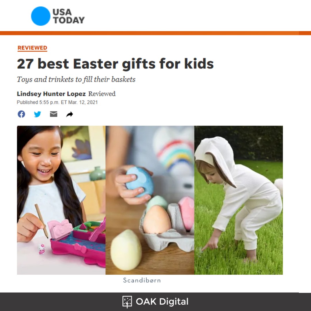 New OAK Digital client Scandiborn already getting content features!  Scandiborn’s Bigjigs Chalk Eggs listed #1 out of 27 Easter gifts for children in USA Today.   Proud to deliver upper funnel results so soon after kickoff!

#oakdigital #weloveourclients #contentpartnerships