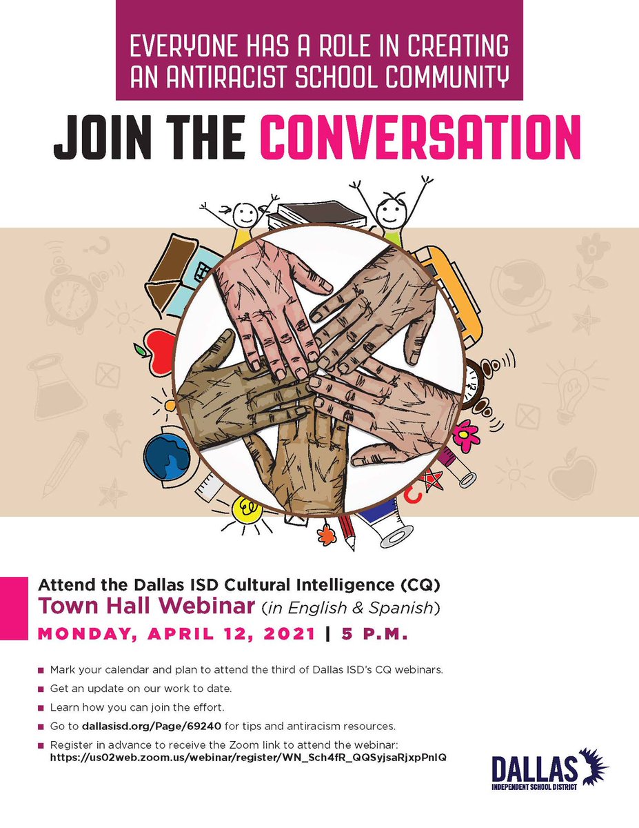 dallasschools's tweet photo. Join @DISDREO for a conversation around how to create an antiracist school community free of bias and racism and grounded in equity next Monday, April 12 at 5 PM!
Pre-registration is required: https://t.co/3RpBqngkap https://t.co/5Pew8oBlXn