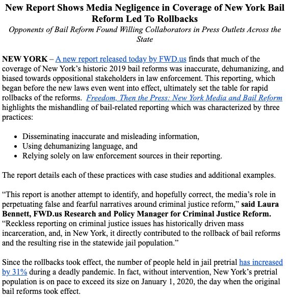Media outlets across New York played a major role in generating the fear and backlash that resulted in rollbacks to #bailreform. Since the rollbacks took effect, the number of people held in jail pretrial has increased by 31%. <a href="/FWDus/">FWD.us</a> report explains ---> fwd.us/news/new-repor…