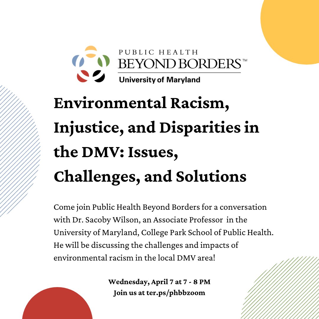 Public Health Beyond Borders will be having a GBM on Wednesday, April 7 from 7pm - 8pm with Dr. Sacoby Wilson to discuss the challenges and impacts of environmental racism in the DMV area. We can't wait to see you all there! 

#publichealth #phbb #environmentalracism