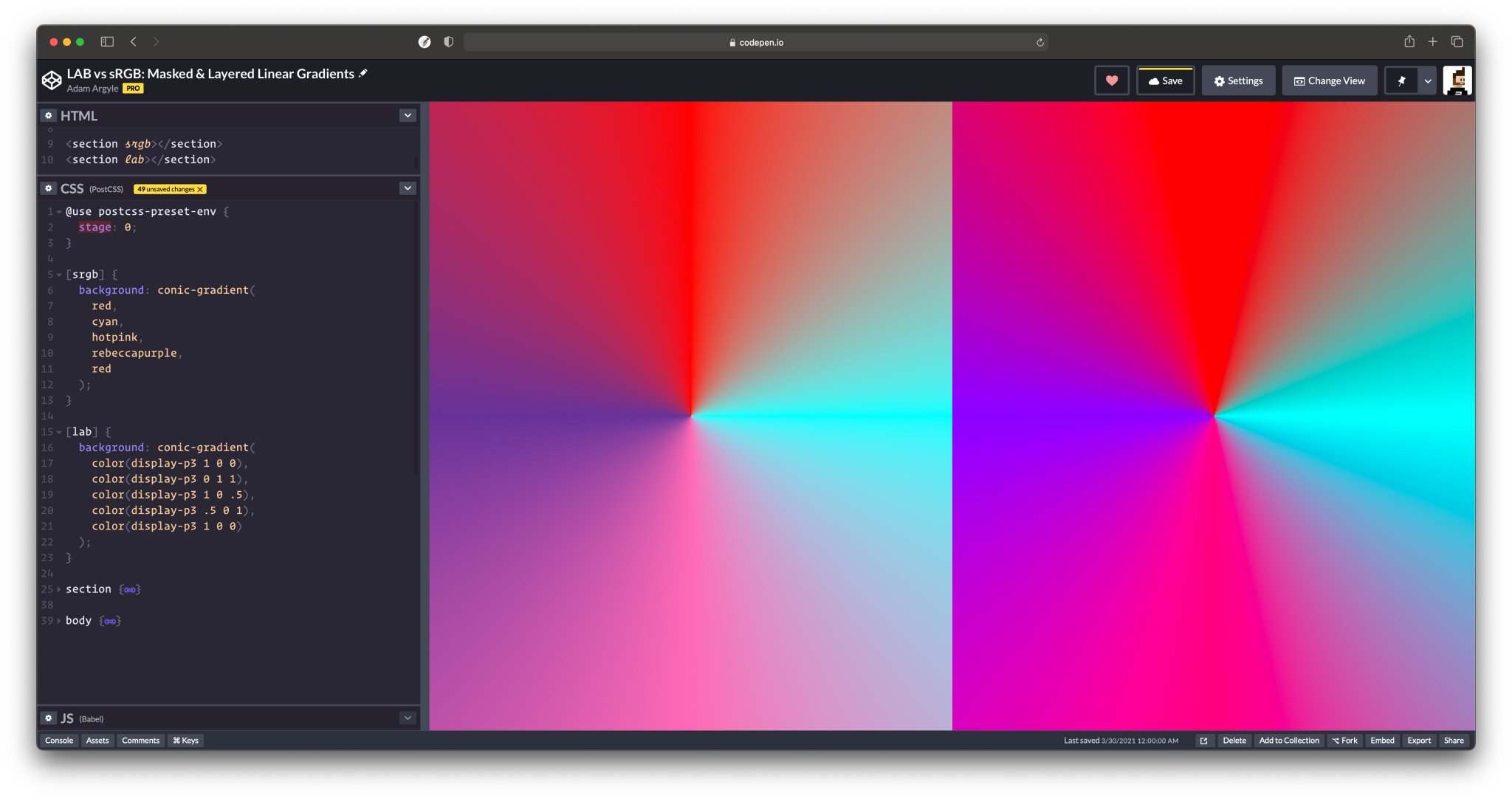 Adam Argyle on Twitter: "srgb vs display-p3: ```#css background: conic-gradient( color(display-p3 1 0 0), color(display-p3 0 1 1), color( display-p3 .5 0 1), color(display-p3 1 0 .5), color(display-p3 1 0 0) ) ``` ( Adam Argyle on Twitter: "srgb vs display-p3: ```#css background: conic-gradient( color(display-p3 1 0 0), color(display-p3 0 1 1), color( display-p3 .5 0 1), color(display-p3 1 0 .5), color(display-p3 1 0 0) ) ``` (