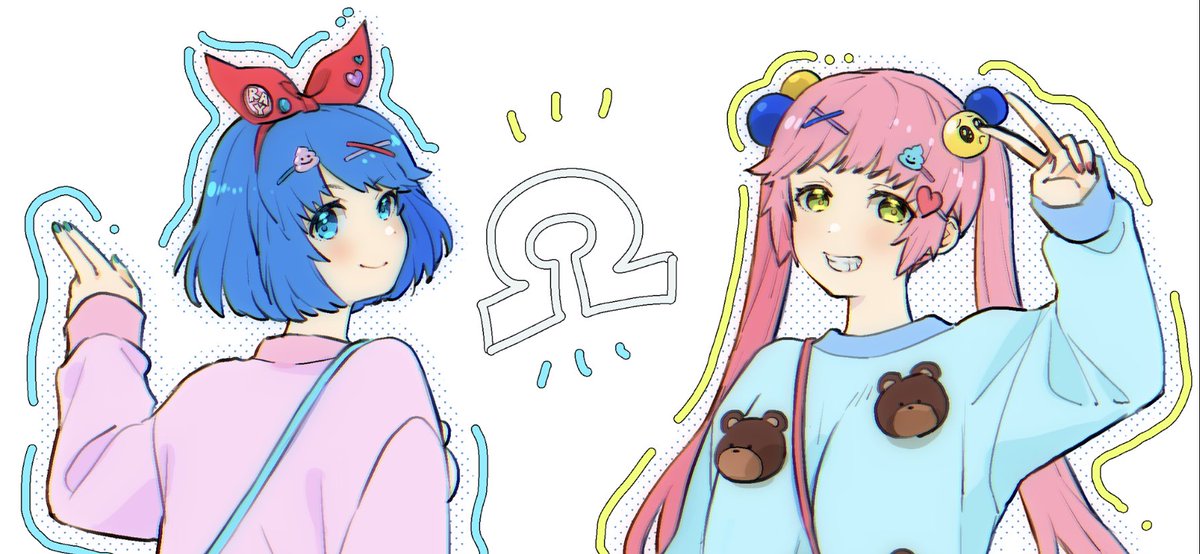 2girls multiple girls smile blue hair twintails blue eyes pink hair  illustration images