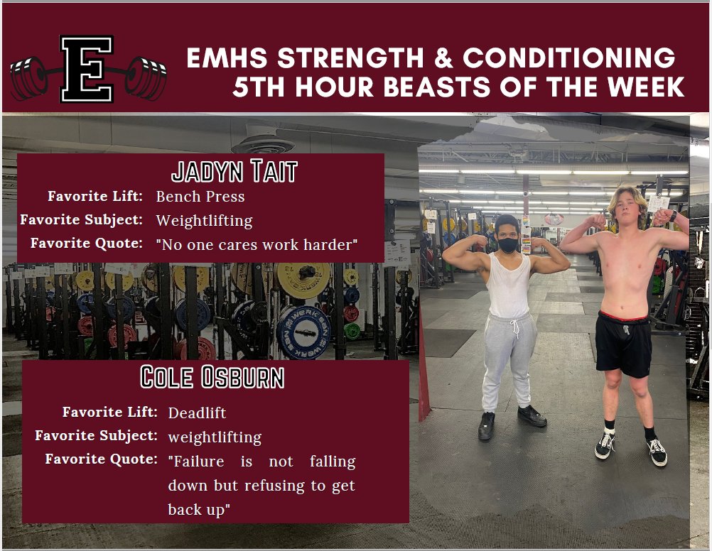 last weeks 5th hour Beasts of the Week. These two were are reaping the benefits and enjoying the GAINZ from all there hard work. <a href="/goemhsathletics/">EMHS Sports</a>