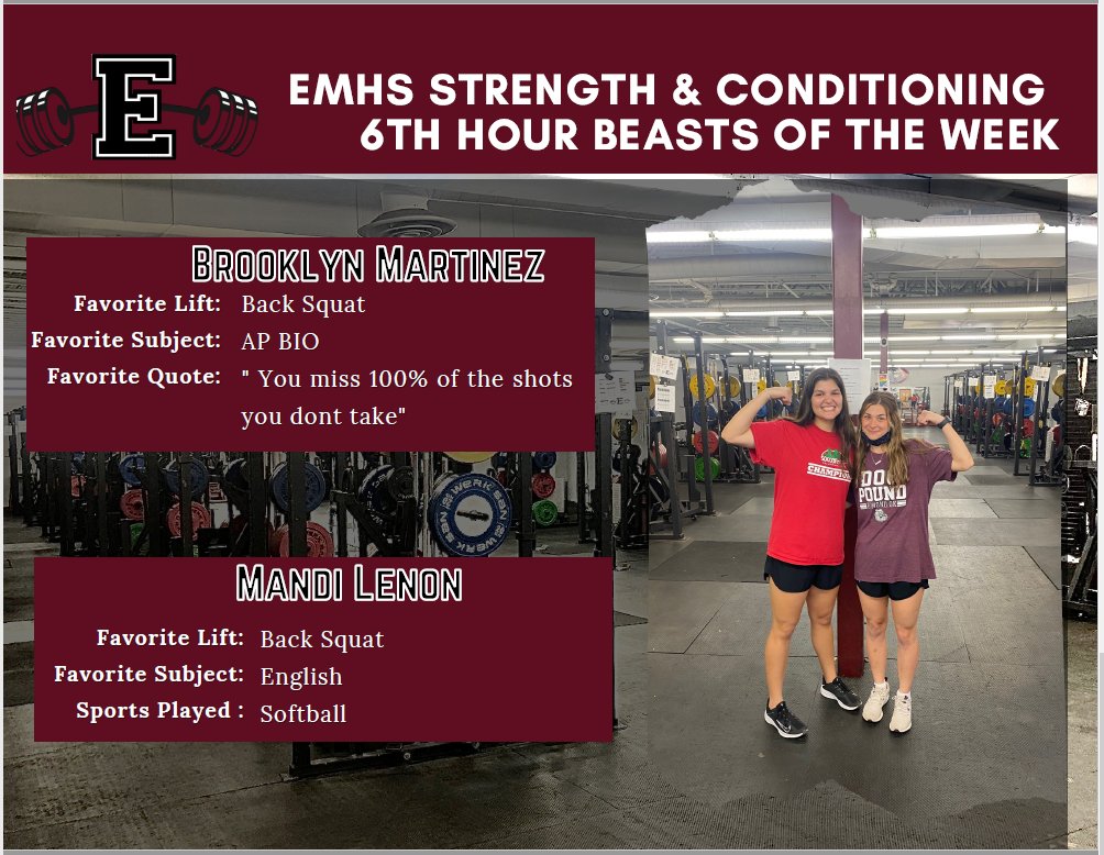 Last weeks 6th hour Beasts of the Week. The ladies are improving daily and making tremendous GAINZ in strength. <a href="/EMHSGirlsBB/">Edmond Memorial Girls Basketball</a> <a href="/EMHSsoftball/">Lady Dogz Softball</a> <a href="/goemhsathletics/">EMHS Sports</a>