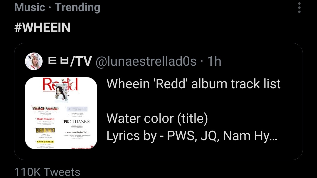 mmm4plus's tweet photo. #WHEEIN TRENDING topic changed from [KPOP] to [MUSIC]

#Redd is trending

#D7toWheeinRedd trending:
#4 Malaysia 🇲🇾
#41 Worldwide 🗺 

🔗 https://t.co/DAlUzXcBCX

#ReadyForWheeinSolo @RBW_MAMAMOO https://t.co/Lwc39QUuKr