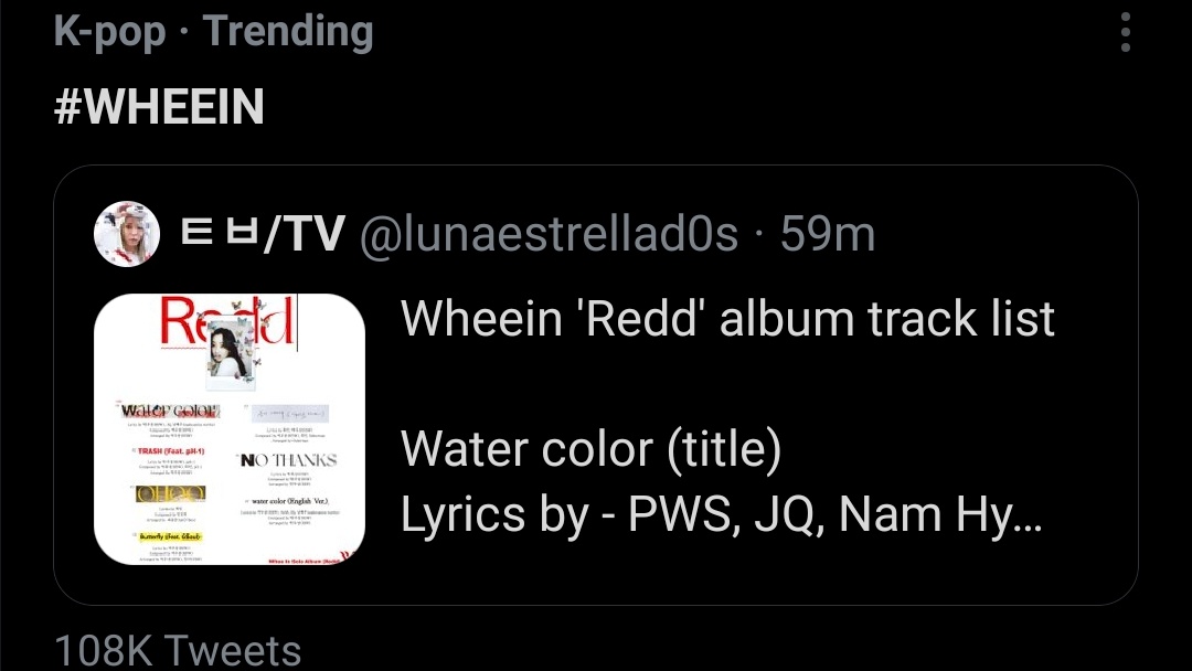 mmm4plus's tweet photo. #WHEEIN TRENDING topic changed from [KPOP] to [MUSIC]

#Redd is trending

#D7toWheeinRedd trending:
#4 Malaysia 🇲🇾
#41 Worldwide 🗺 

🔗 https://t.co/DAlUzXcBCX

#ReadyForWheeinSolo @RBW_MAMAMOO https://t.co/Lwc39QUuKr