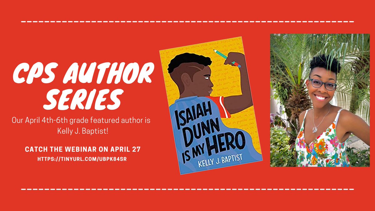 CpsLibraries's tweet photo. CPS Author Series continues with Kelly J. Baptist as our featured 4th-6th grade author! 
Submit your questions today! https://t.co/2gYp6Y3AkH

@kellyiswrite @drjaneCPS @IllLibraryAssoc @RAILSLibraries @StreamableL #BattleOfTheBooks #CPSAuthorSeries https://t.co/f0gRkUOmhq