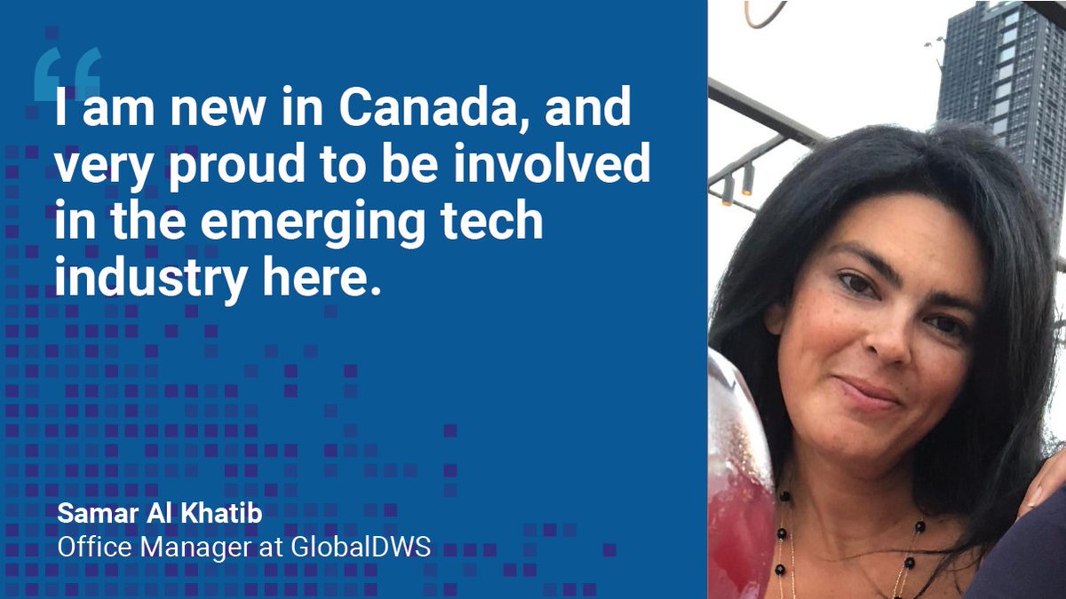 GlobalDWS's tweet photo. Meet Samar Al Khatib, office manager at #GlobalDWS (Toronto). "We are like a family, we support each other β we all empower each other to grow in our roles. I am new in Canada, and very proud to be involved in the #emergingtech industry here." https://t.co/SBhKCnlGtD