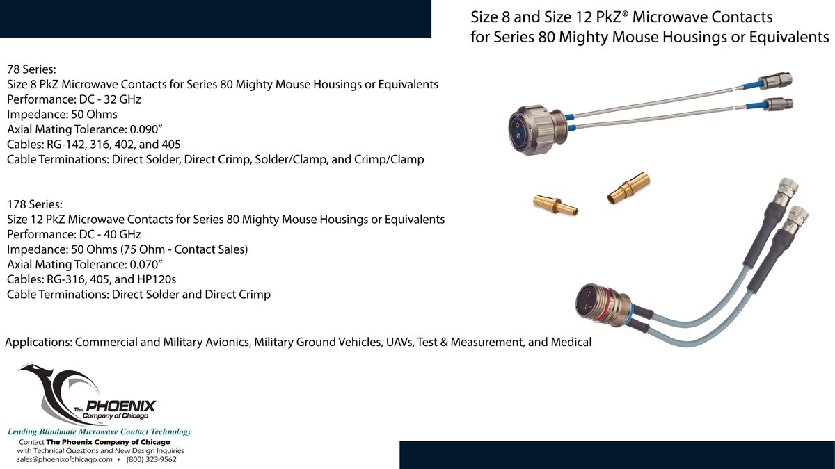 PHXofCHI's tweet photo. High Frequency Blindmate Microwave PkZ® Contacts for the Mighty Mouse Housings

The Phoenix Company of Chicago has expanded its Mil/Aero Blindmate Microwave Contact offering through the launch of two new PkZ® RF contacts designed for Series 80 Mighty Mouse Connectors. https://t.co/lMktHUsFlX