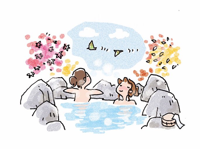 古山拓 画家 イラストレーター على تويتر 作並温泉組合様パンフに描き下ろしたイラストです 今 同じトーンで 追加イラストを制作中 温泉につかりたい 温泉イラスト 作並温泉